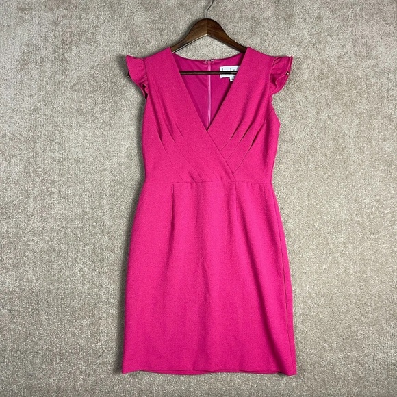 Nicole Miller Sheath Dress NWTSize 4 Pink Ruffle Sleeve V-Neck Stretch Crepe - Picture 3 of 12